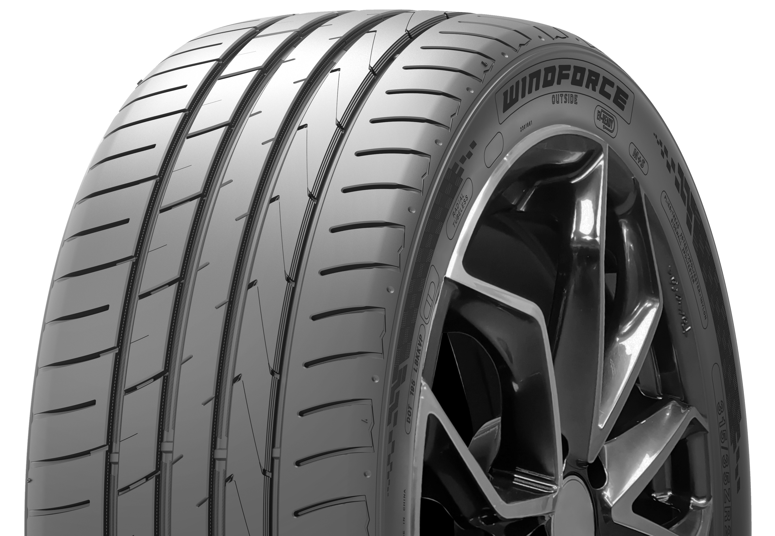 Close-up of a car tire showcasing detailed tread pattern and sidewall branding.