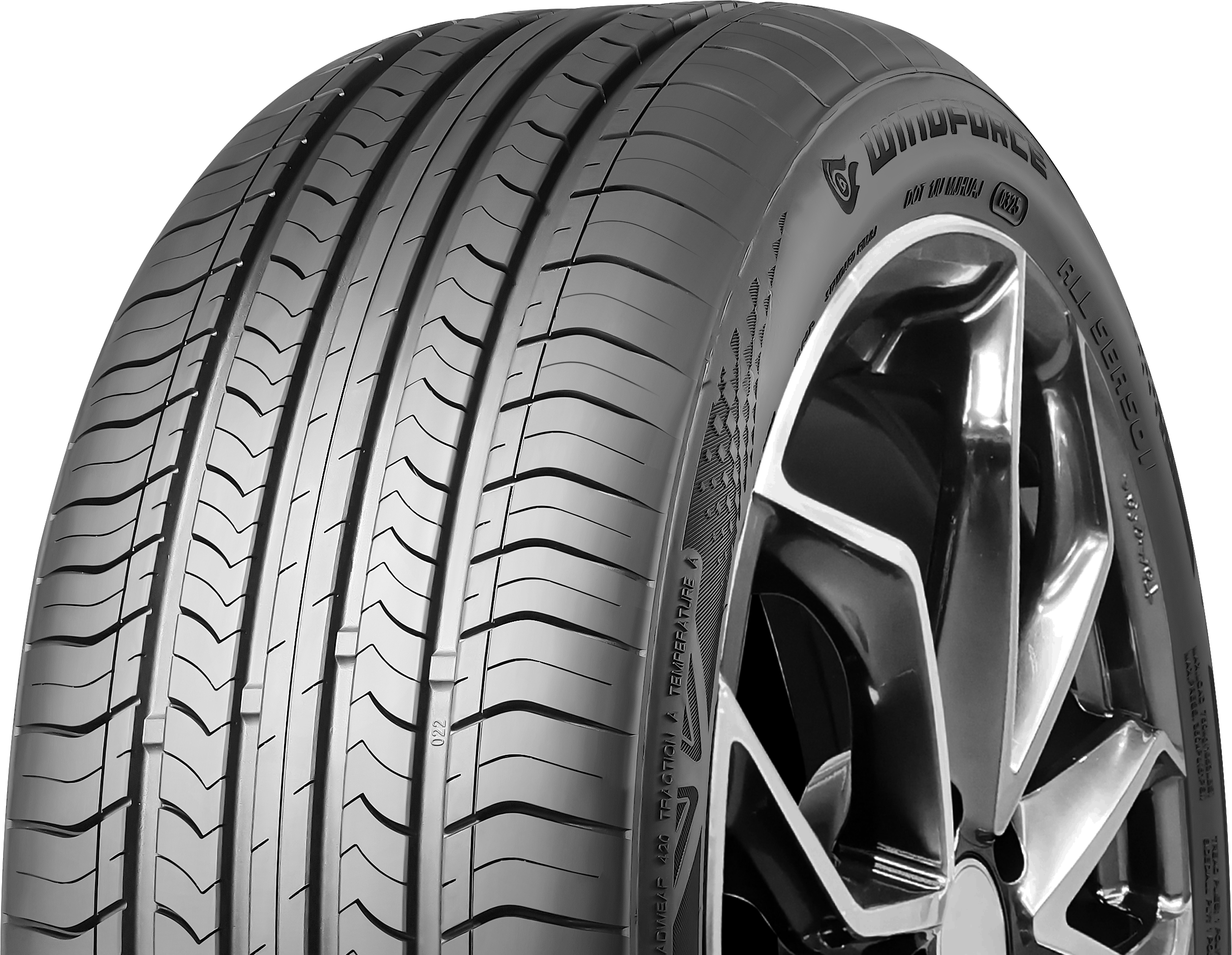 Close-up of three black car tires with detailed tread patterns, mounted on shiny silver alloy rims.