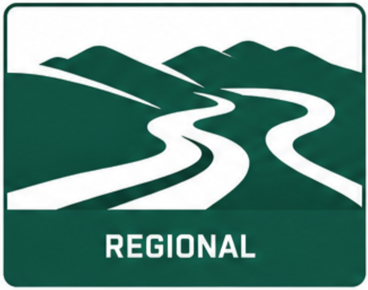 A logo with a winding road and mountain silhouettes in green and white, with the word 'Regional' at the bottom.