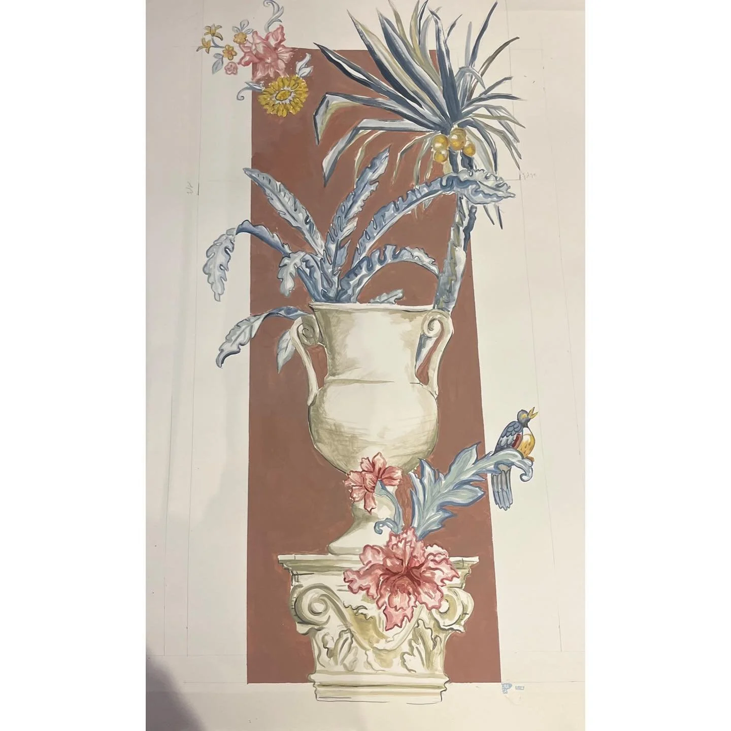 1m long commission compl&eacute;t&eacute; 
This was a very special painting commission from some very dear friends @crowoodhouse - to go in a red room to cover a new panel in the wall. I used the existing curtain patterns and wallpaper as inspiration