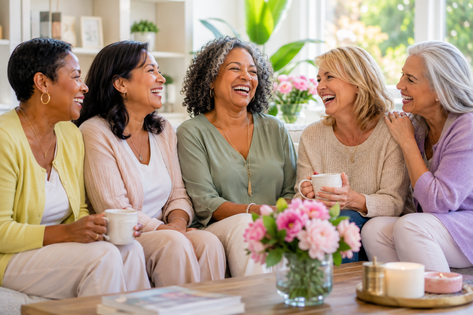 Diverse midlife women walking together through a city street, smiling and laughing while celebrating friendship, confidence, and community after 40.