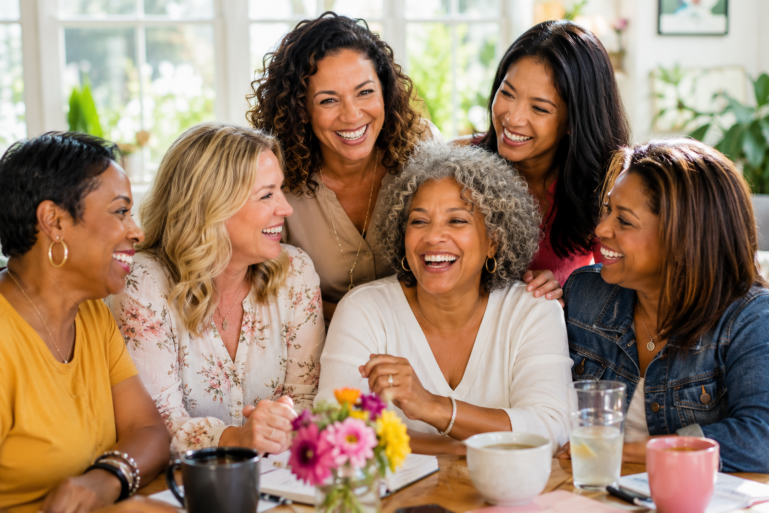 Diverse women over 40 smiling together during a Midlife Reimagined community gathering focused on wellness, leadership, and personal growth.