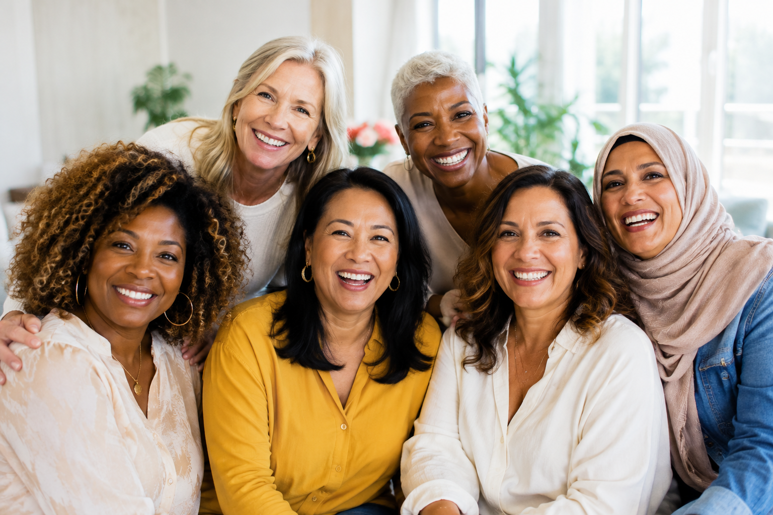 Diverse women over 40 smiling together during a Midlife Reimagined community gathering focused on wellness, leadership, and personal growth.