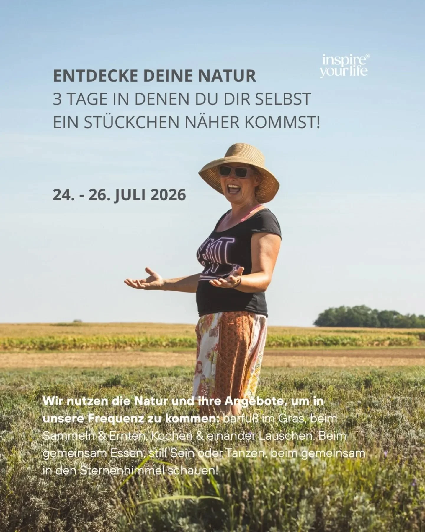 Hast Du Lust auf Dich?
Deine Tr&auml;ume, Deine Freude, Deine Ideen, Deine Energie, Deine Frequenz - &ldquo;Deine Art&rdquo;!

Wir nutzen die Natur und ihre Angebote, um in unsere Frequenz zu kommen:

barfu&szlig; im Gras, beim Sammeln &amp; Ernten, 