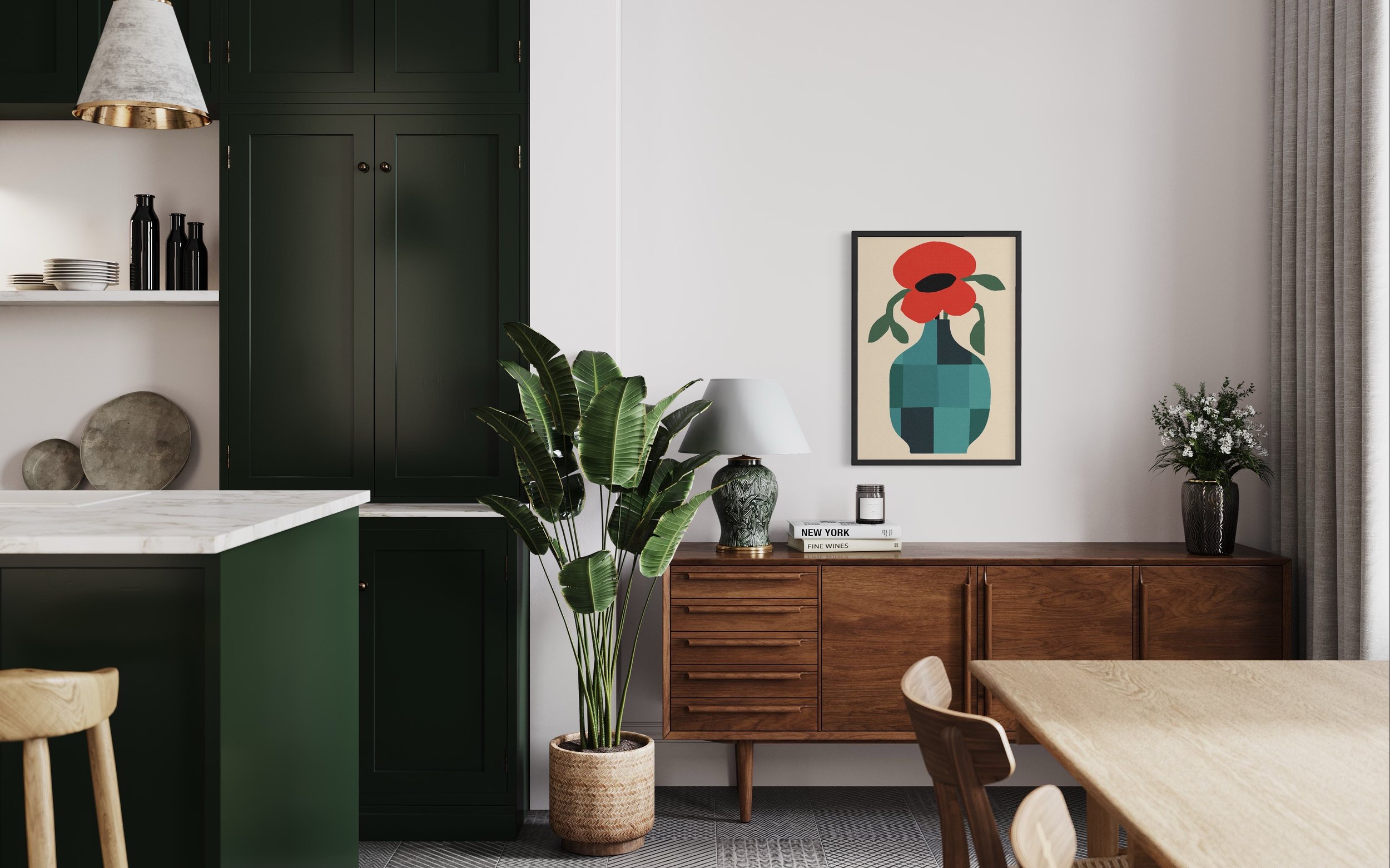Interior view of a modern living or dining space with a green cabinet, wooden sideboard, potted plants, a framed abstract artwork, books, and decorative items.