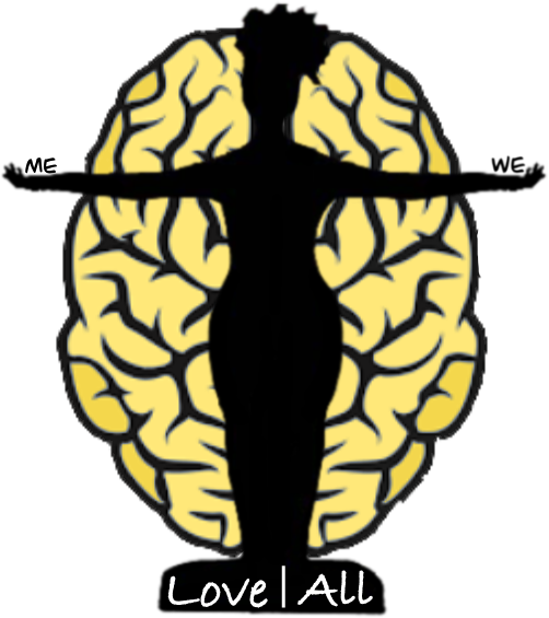 A graphic illustration of a human brain with a silhouette of a woman in the center, superimposed on the brain, holding ME and WE in each hand to represent the balance of needs in all present in all relationships.
