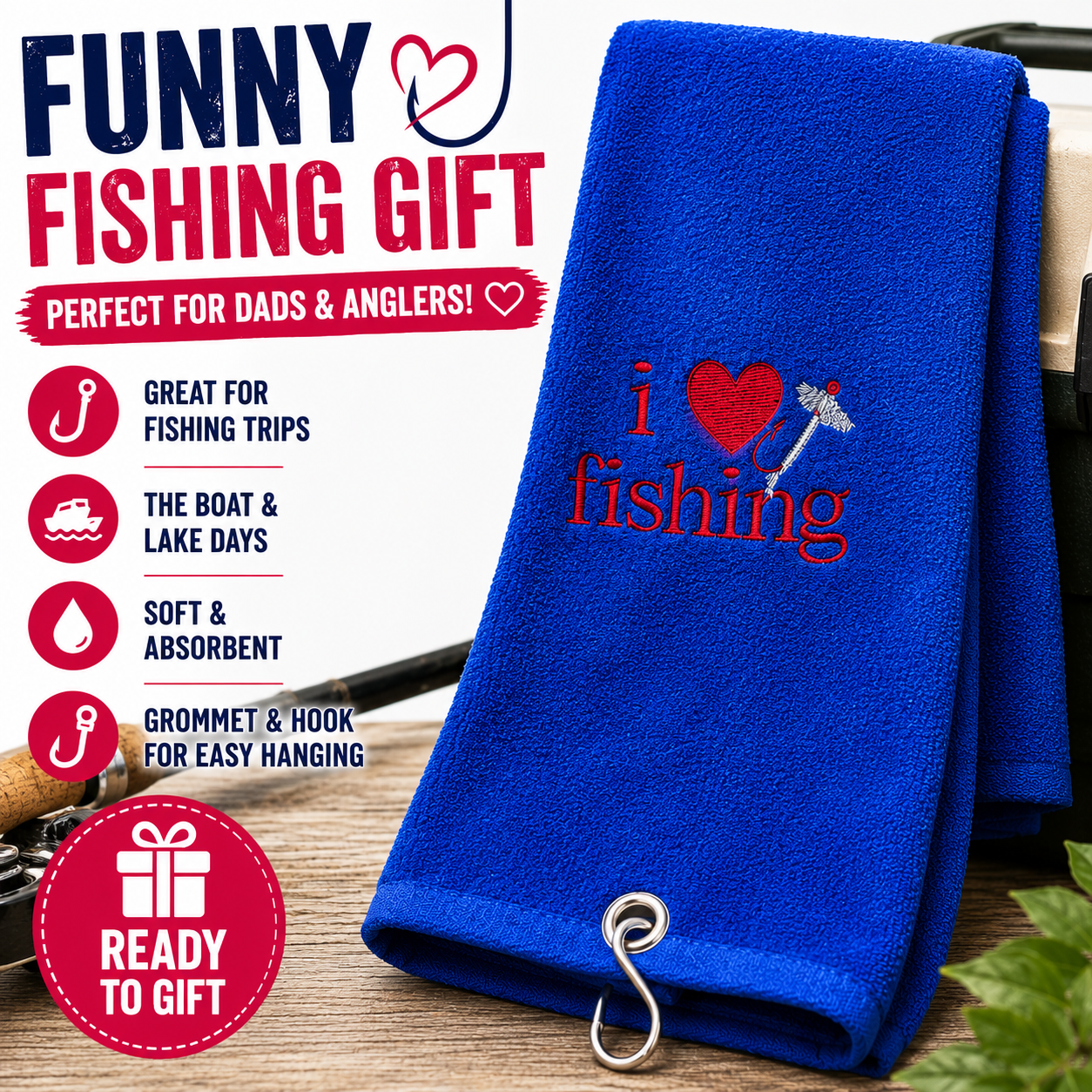 Embroidered Fishing Towel Gift for Dad | Funny Fishing Gift | Fisherman Towel with Hook | Groomsmen Gift | Lake Gift Idea