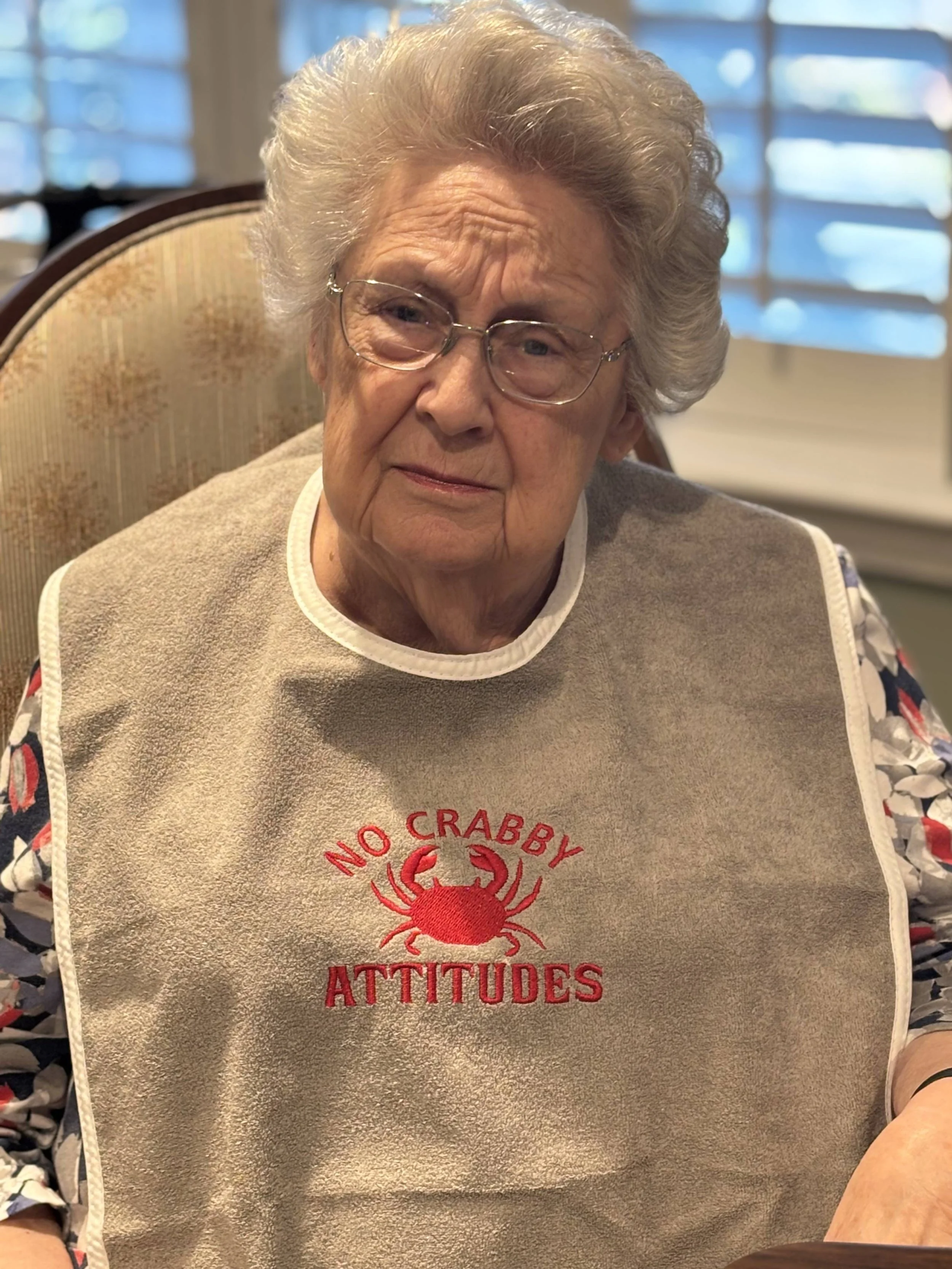 Embroidered Washable Adult Bib "No Crabby Attitudes