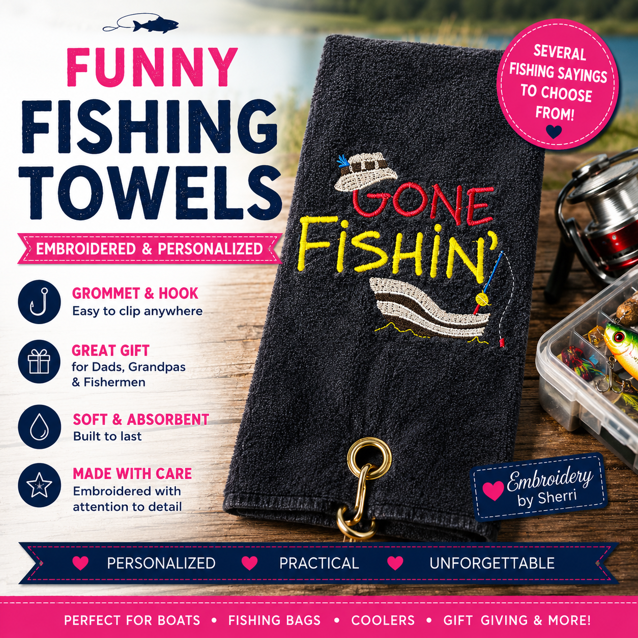 Funny Fishing Towel Gift for Dad | Personalized Embroidered Fishing Towel with Hook & Grommet | Fisherman Gift | Grandpa Fishing Gift