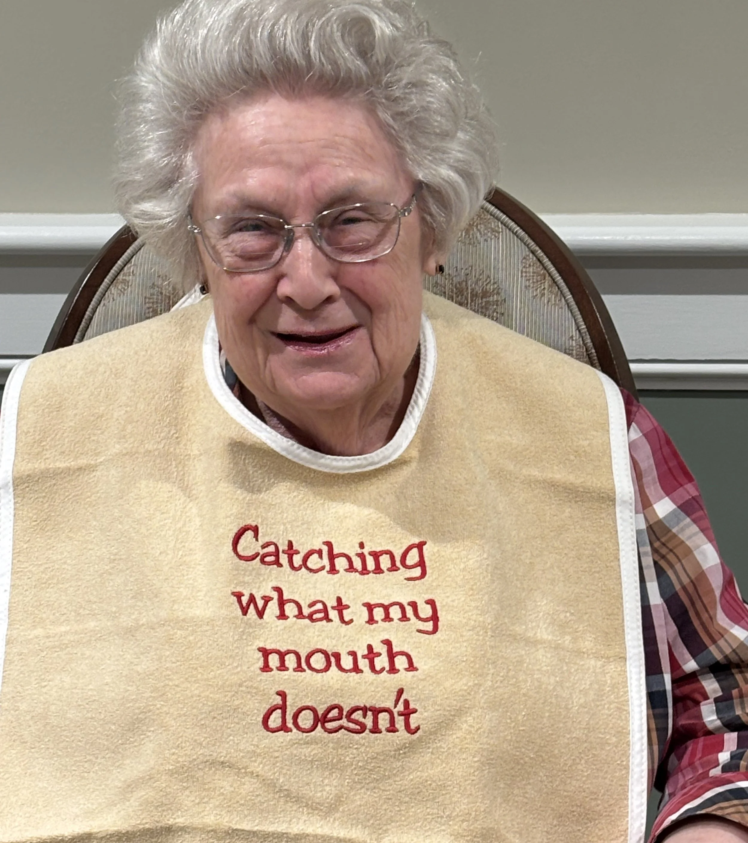 Embroidered Washable Adult Bib "Catching what my Mouth Doesn't"