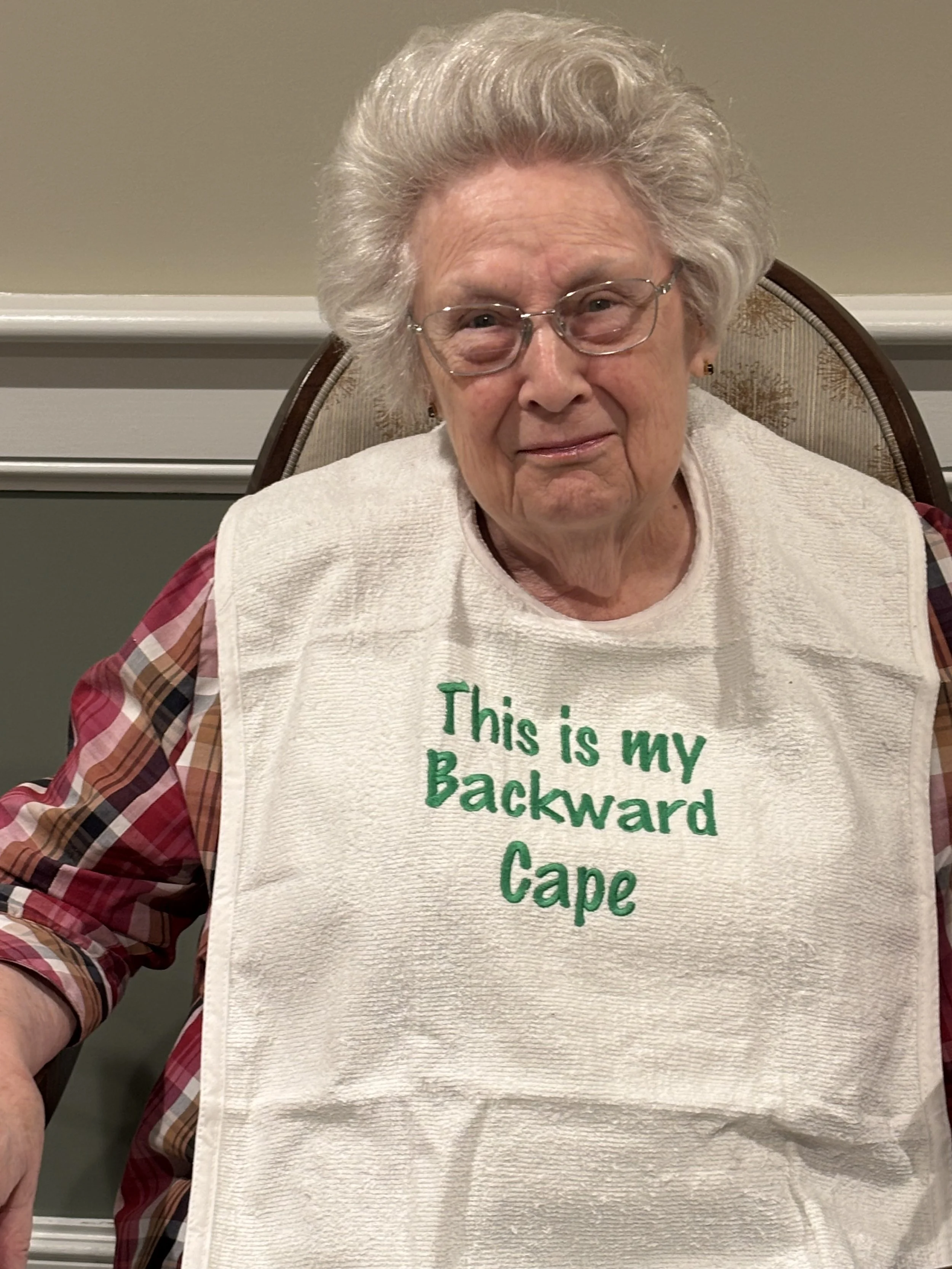 Embroidered Washable Adult Bib "This is my Backward Cape"