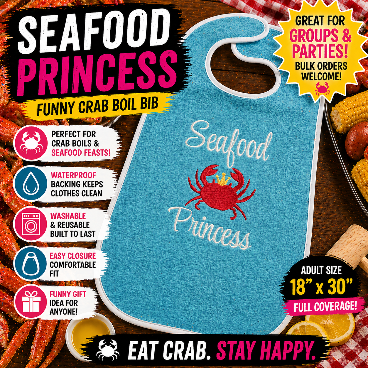 Embroidered Washable Adult Bib "Seafood Princess"