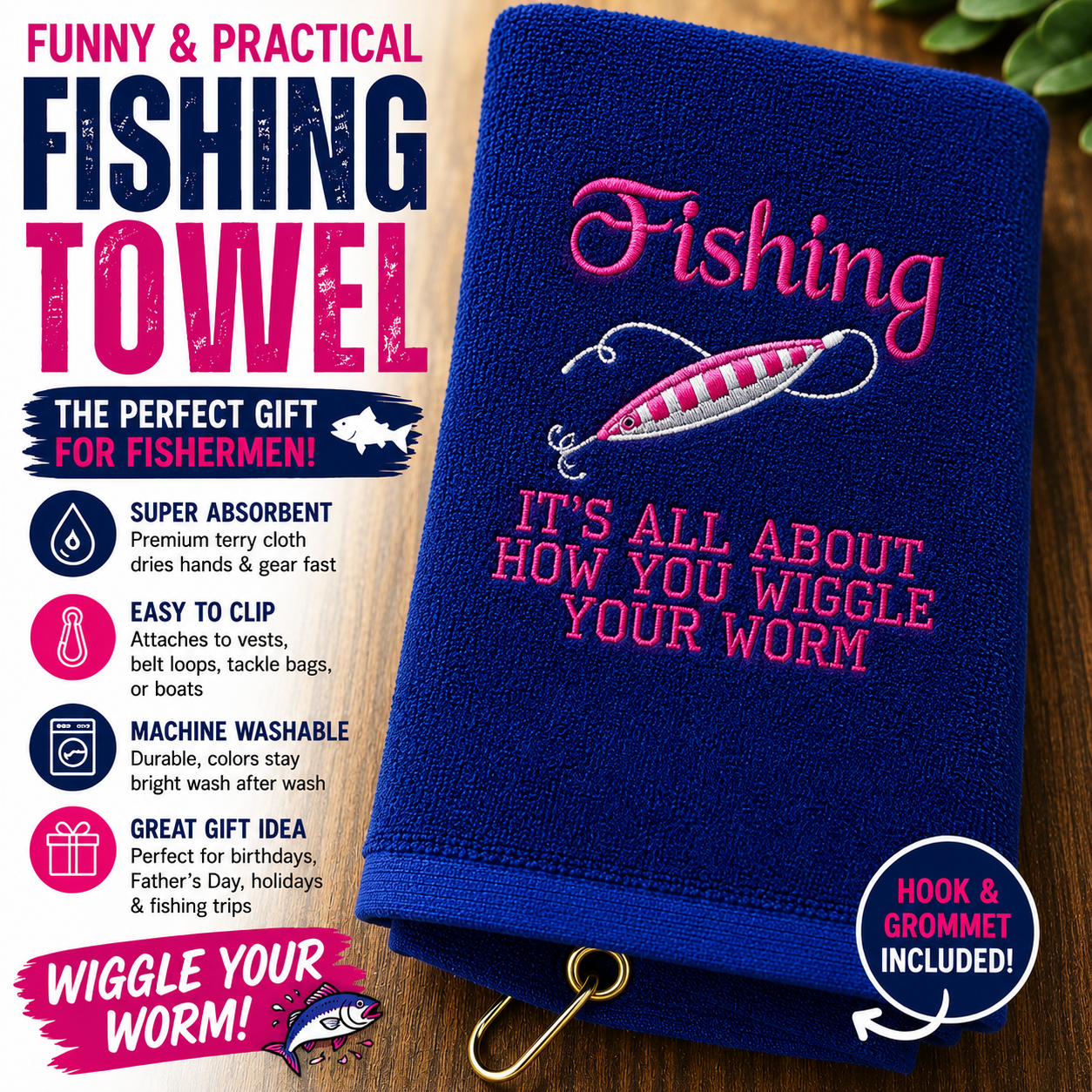 Funny Fishing Gift for Dad – Wiggle Your Worm Fishing Towel – Gag Gift for Fisherman – Embroidered Fishing Towel  – Gift for Fisherman