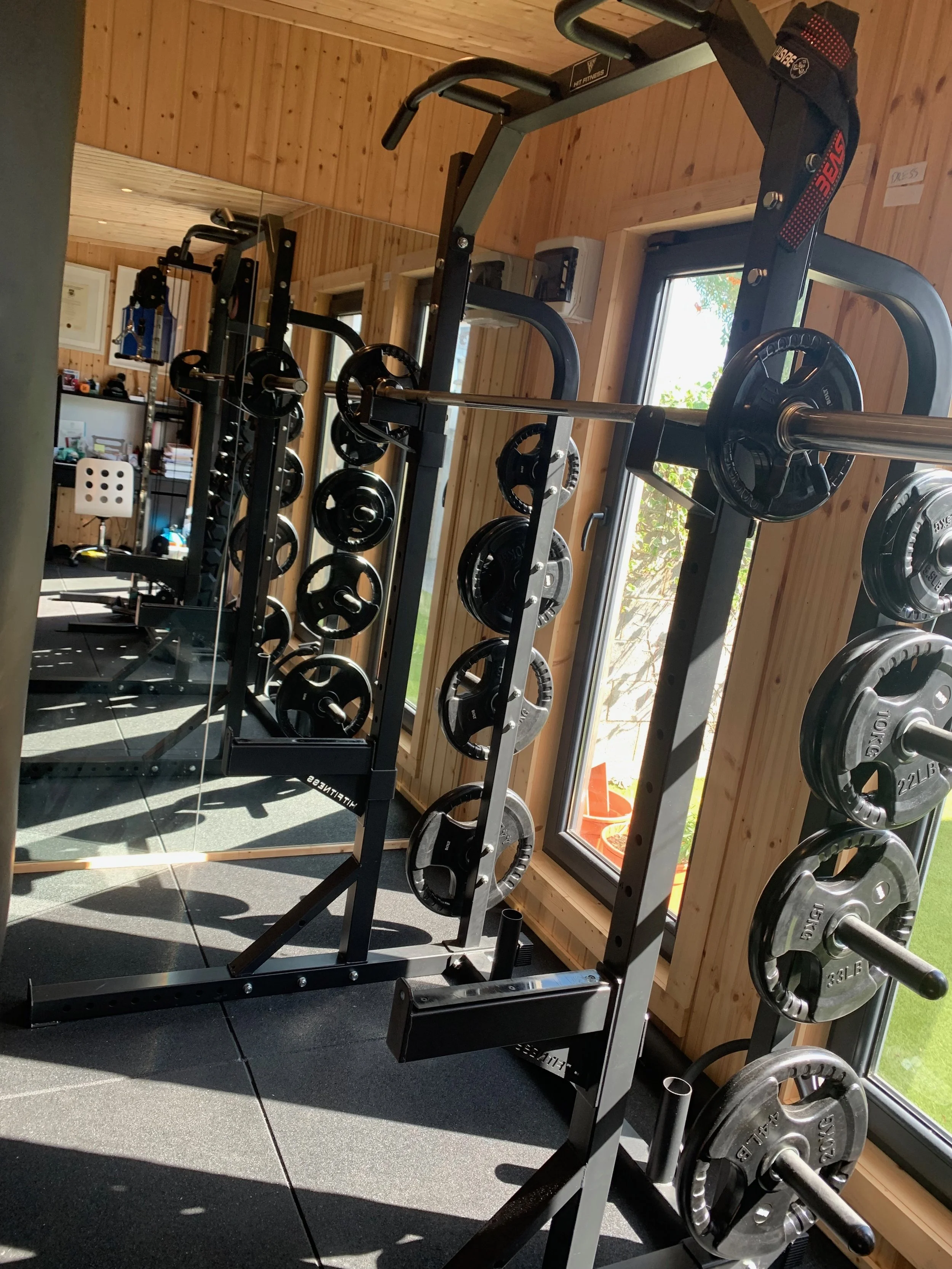 Home gym with weight rack and weights near windows in a wood-paneled room.