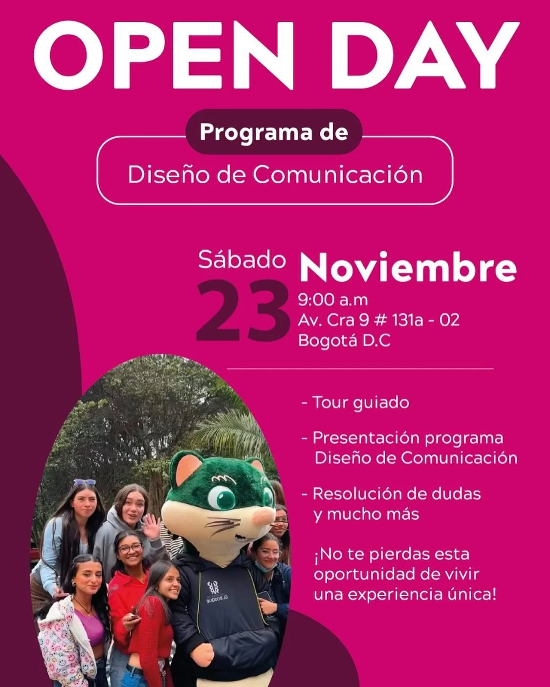 &iquest;Te interesa el Dise&ntilde;o de Comunicaci&oacute;n y quieres saber m&aacute;s acerca de la carrera? 👀

Asiste a nuestro pr&oacute;ximo Open day donde podr&aacute;s resolver tus dudas y tomar talleres con nuestros
profesores ✨

Recuerda que 