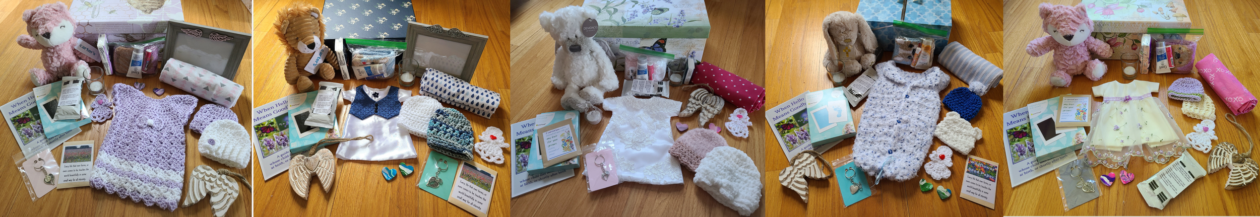Collection of baby items and stuffed animals on a wooden floor, including knitting projects, clothing, accessories, and gifts.