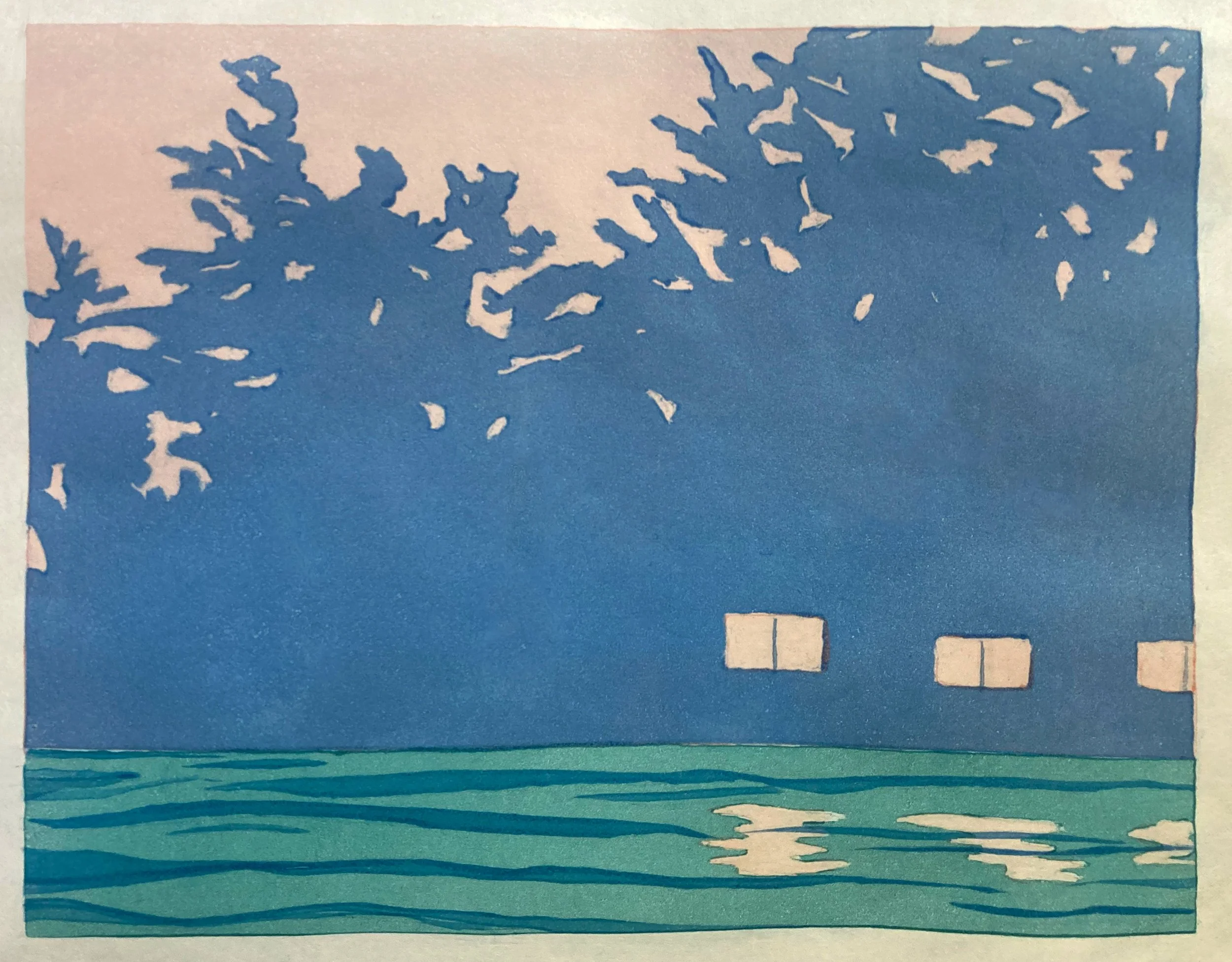 "Three Cabins"
8.5 x 7 monotype on okawara paper