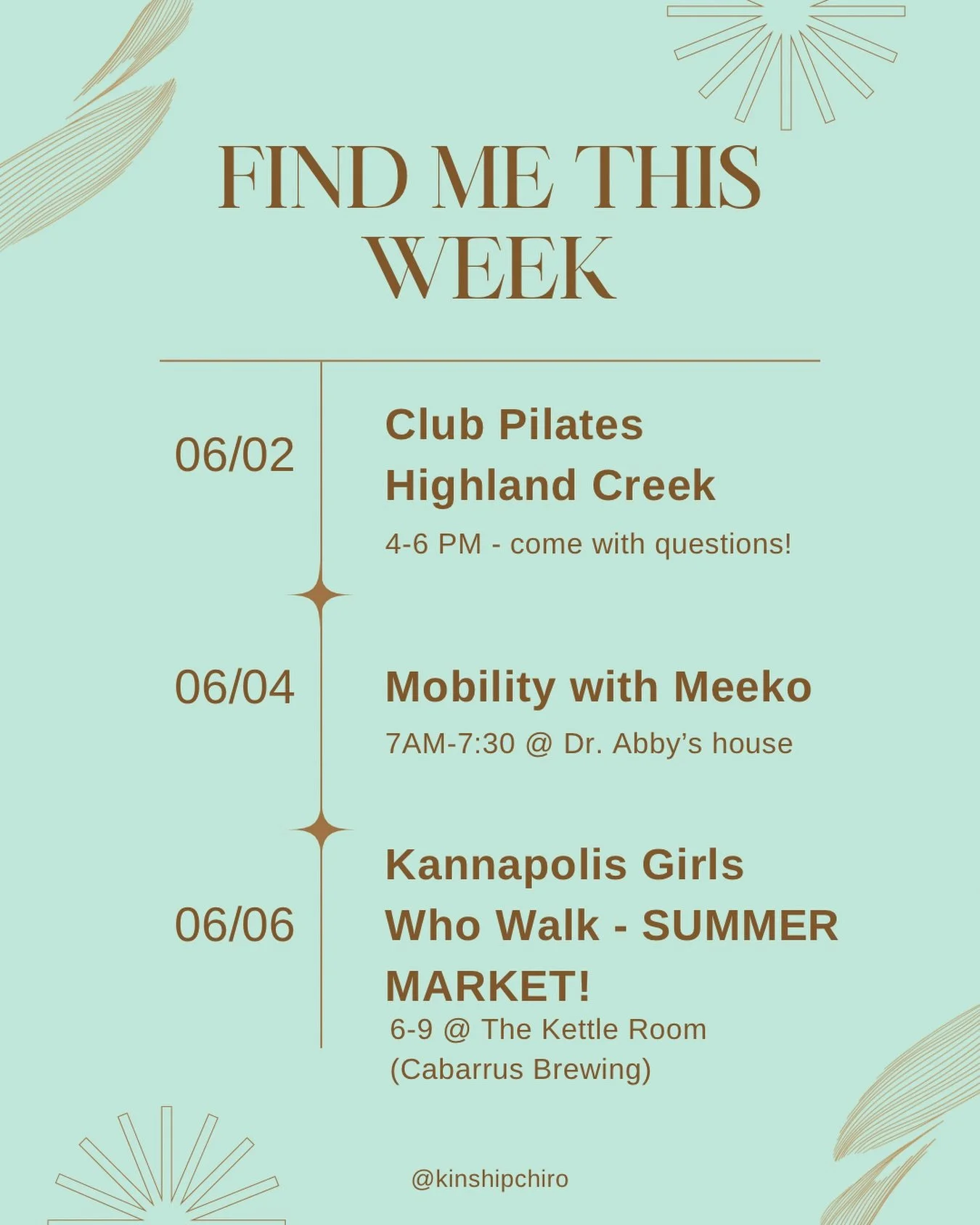 06/02 - I&rsquo;ll be at Club Pilates answering questions and offering sinus work between classes 🤩

06/04 - Weekly Mobility with Meeko at my place! DM for address 🐶 

06/06 - KGWW hosts their Summer Market at the Kettle Room (Cabarrus Brewing)!!! 