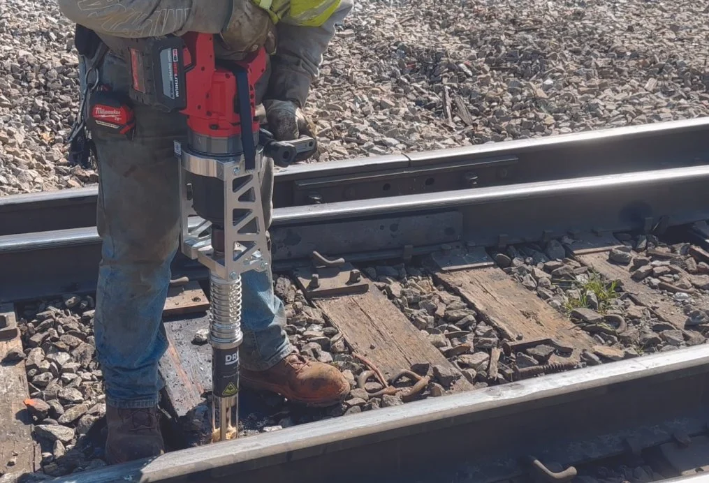 D-Handle DrillEase battery powered tie drill in use