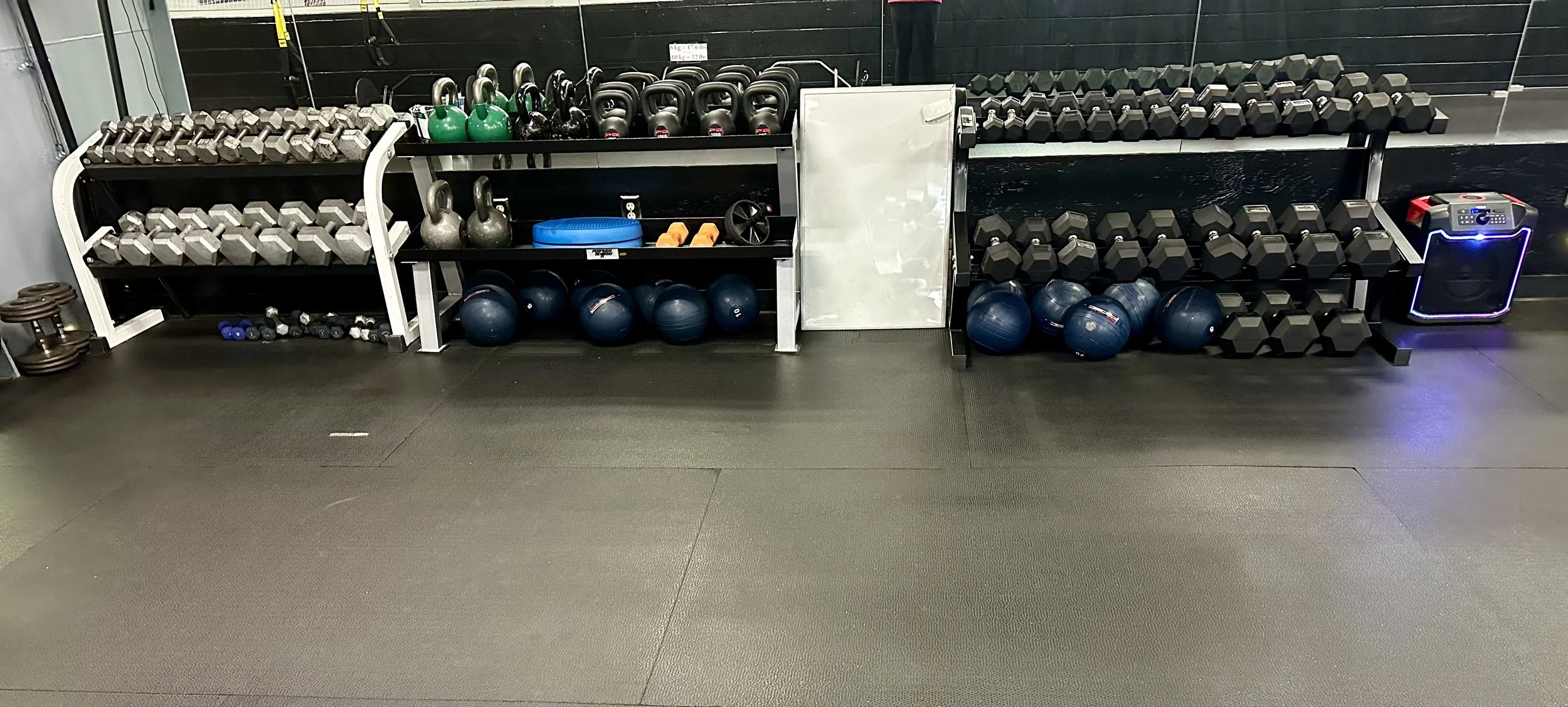 wide variety of dumbbell, kettlebell, and med ball weights 