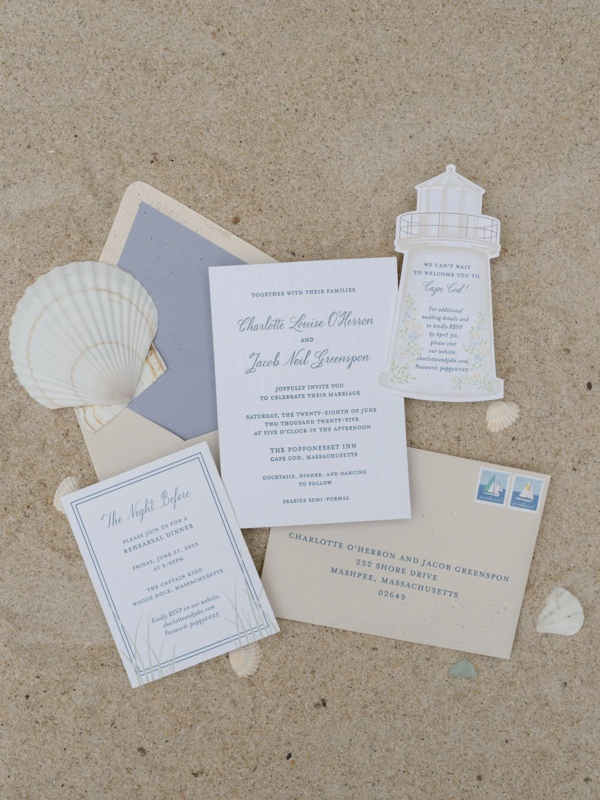 Dreaming of weddings by the ocean. C + J&rsquo;s stationery was inspired by the colors of the beach, pulling in whimsical watercolors and structured stipes. The details for their wedding day incorporated watercolor elements pulled from their florals 