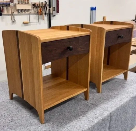 Waxhall nightstands in white oak with walnut drawer faces and accents, custom woodworking.