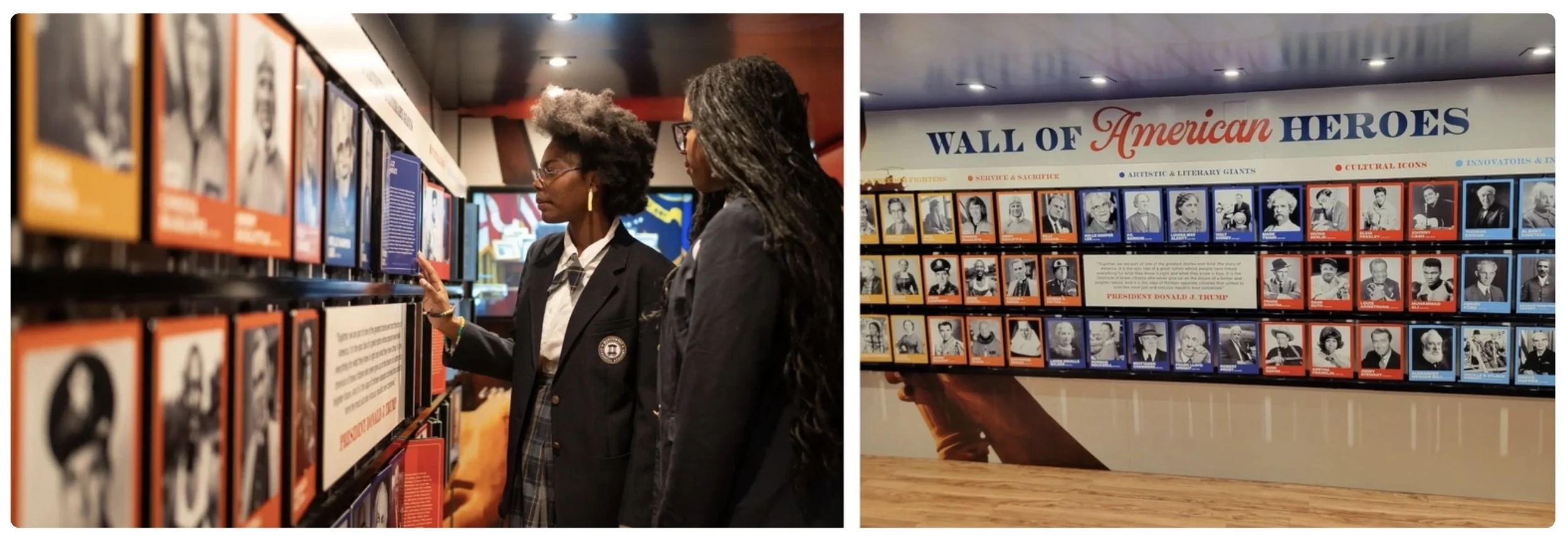 Left: Two students explore the Wall of American Heroes. Right: The full Wall of American Heroes on display.