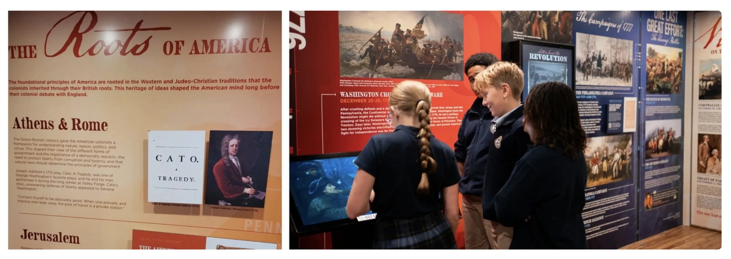 Freedom Truck. Left: Roots of America wall. Right: Four students gather to watch a video recreation of the Revolutionary War.