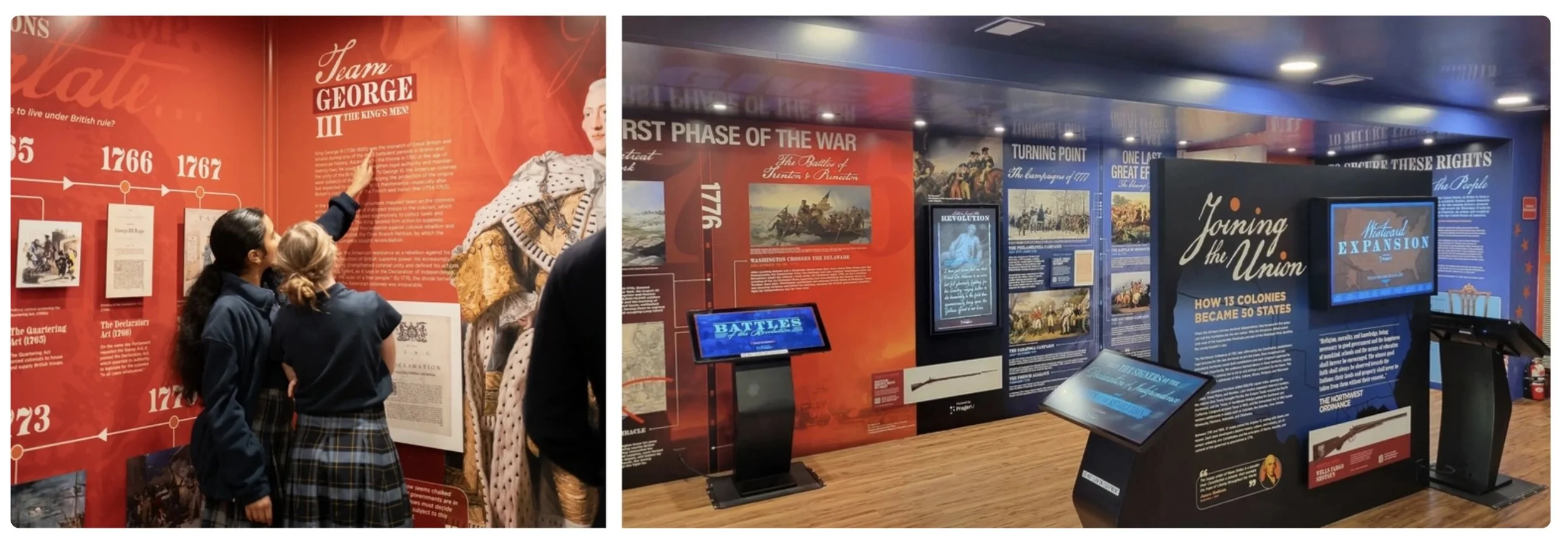 Left: Two students point to and read a biography of King George III. Right: The second room of the Freedom Truck exhibit, with written pieces on the Revolutionary War, the Civil War, and interactive digital displays.