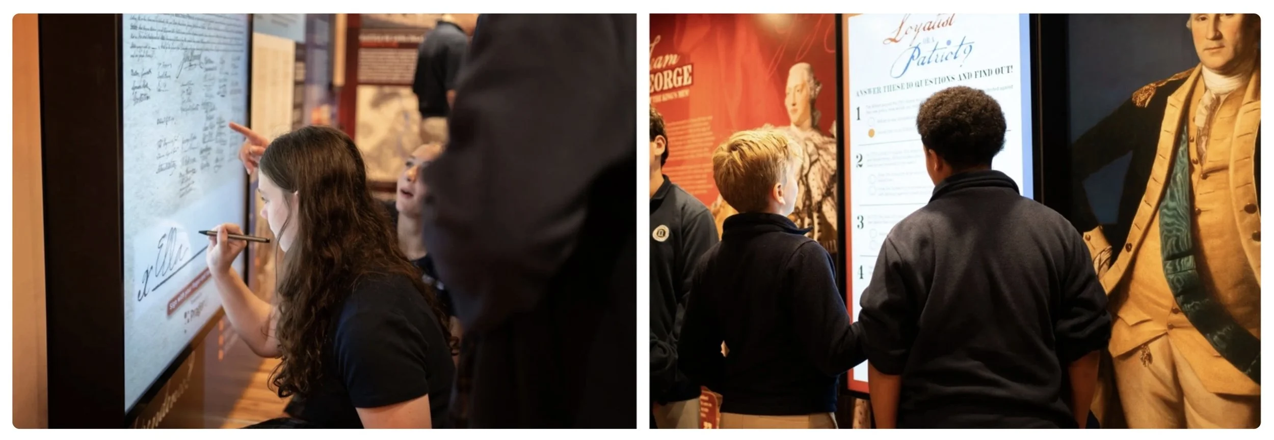 Left: NCA Student virtually signs the Declaration of Independence. Right: Two NCA Students take an Are You A Loyalist or Patriot quiz.
