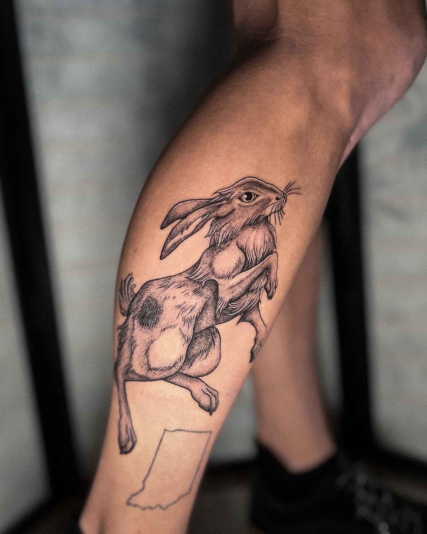 a lil&rsquo; bun bun for dena! had so much fun with this design! i&rsquo;ll be posting some more animal designs soon! 
.
which animals do you want to see?
.
.
.
.
.
.
#rabbit #rabbitsofinstagram #rabbittattoo #3rltattoo #blackandgray #dotwork #custom