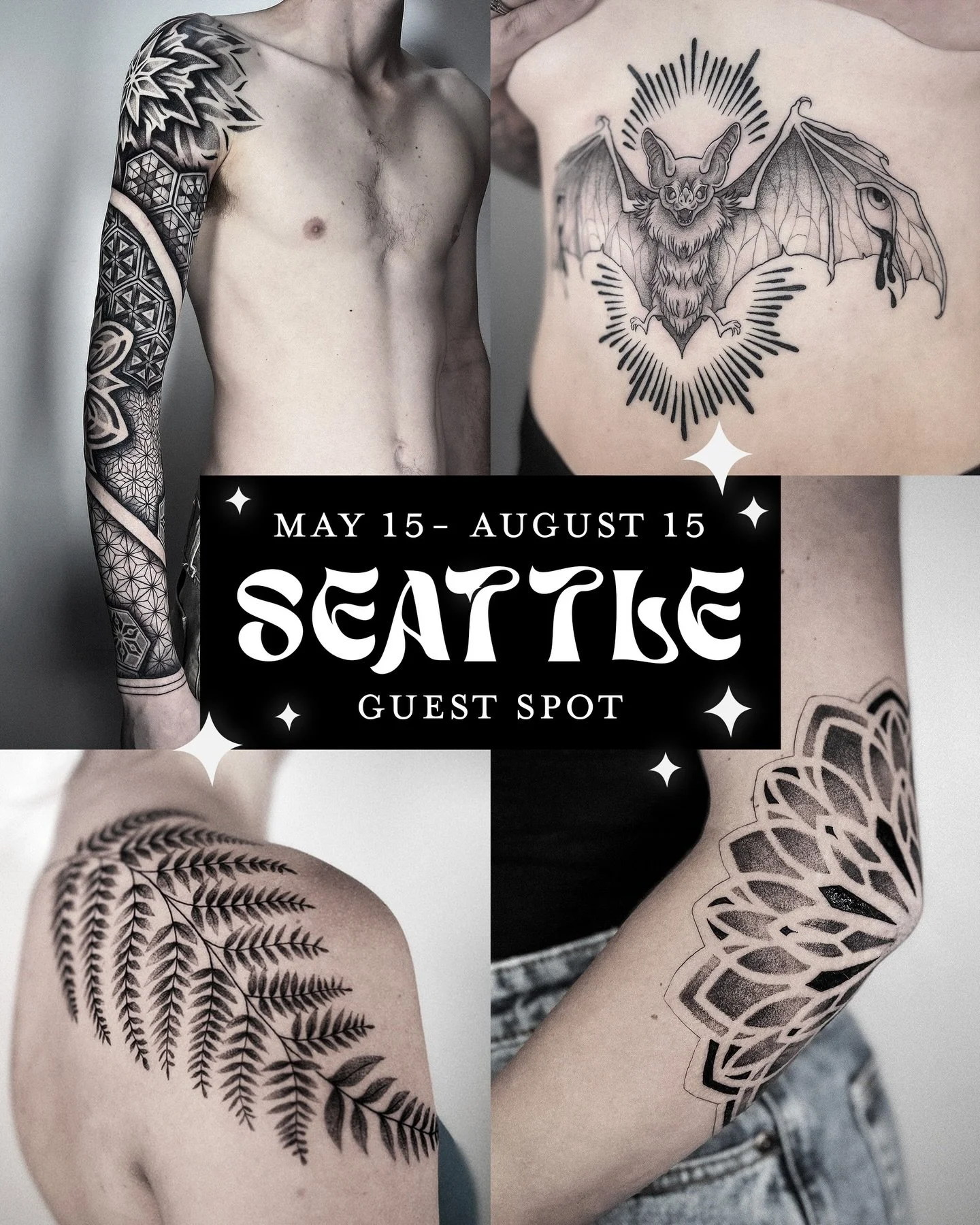 hi seattle!!
.
my books are now open for this beautiful city. 
I am open to custom pieces, any of my flash or available designs 𓆙
.
I tattoo:
✦ geometric &amp; ornamental
✶ botanical and celestial
☾ eyeballs or anything strange :)
.
⊹ ࣪ ˖ now bookin