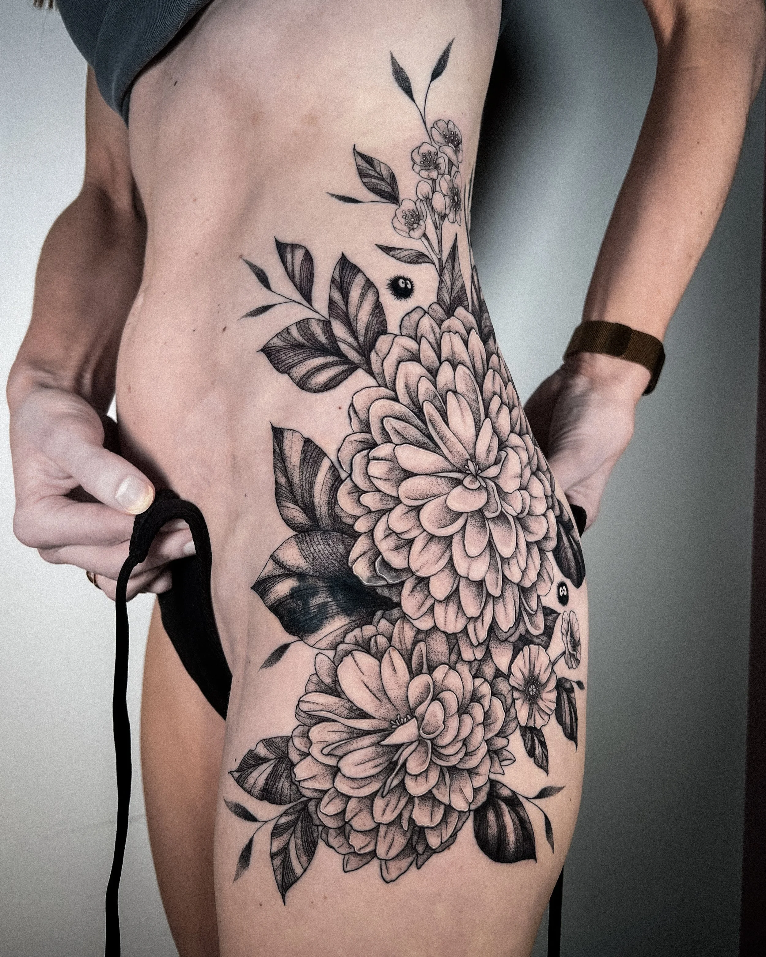 finel ine botanical flower coverup on hip by bobbi stalnaker