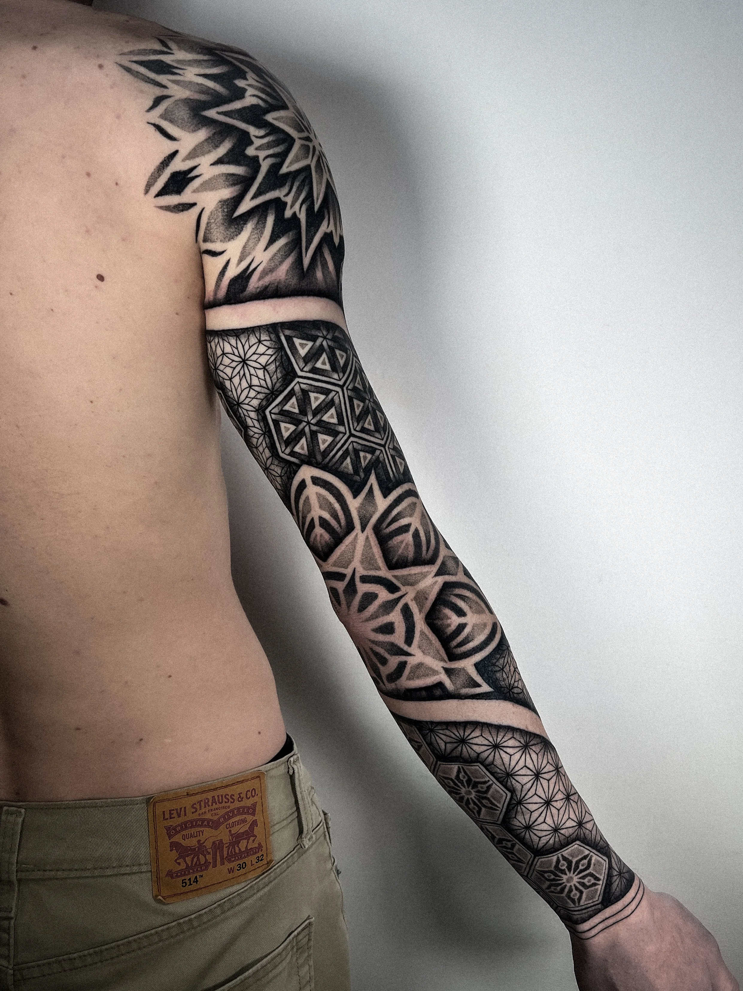 masculine geometric sleeve sleeve with sacred geometry by bobbi stalnaker