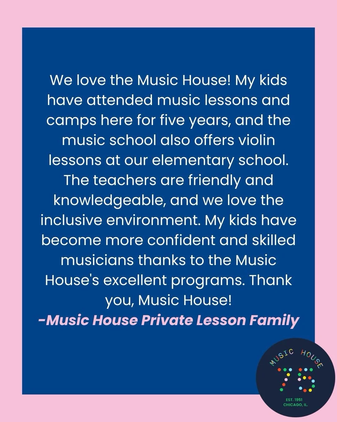 More love from our private lesson families 💛

Later this week we&rsquo;ll be sharing some special throwback photos. A look back at where it all began and the memories we&rsquo;ve made along the way. 

#75Anniversary #chicagoarts #smallbusiness #cchi