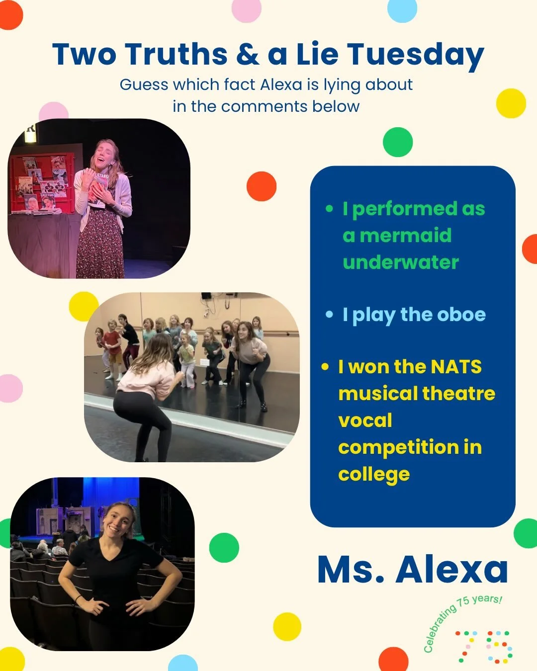 Two truths and a lie Tuesday! Guess below what Ms. Alexa is lying about and swipe to see the lie from Ms. Allison last week. 🔎
