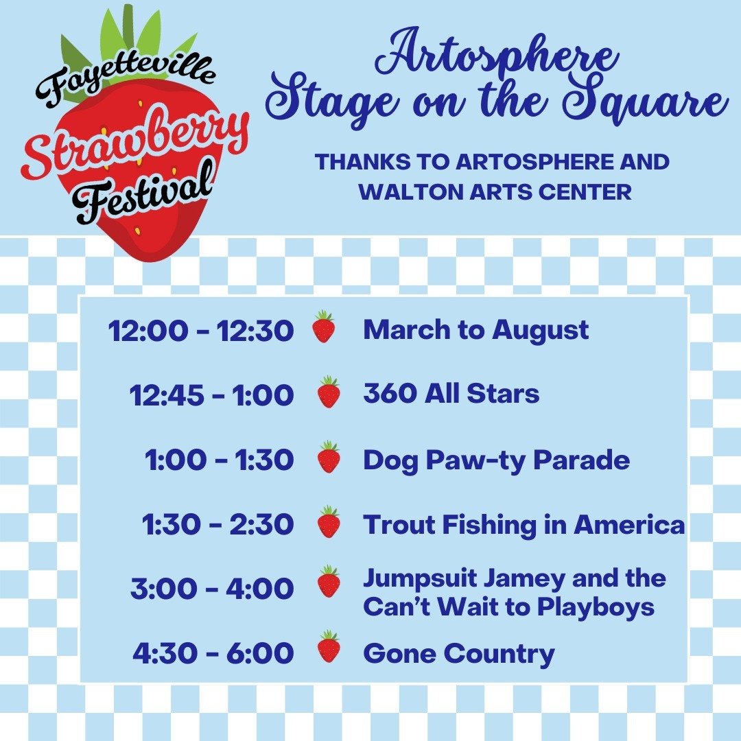 On Sunday, May 19th, you&rsquo;ll find fun for all ages during the #FayettevilleStrawberryFestival - especially at the Artosphere Stage on the Square! 

Everything kicks off at noon with local duo @marchtoaugustmusic followed by the @360allstars for 