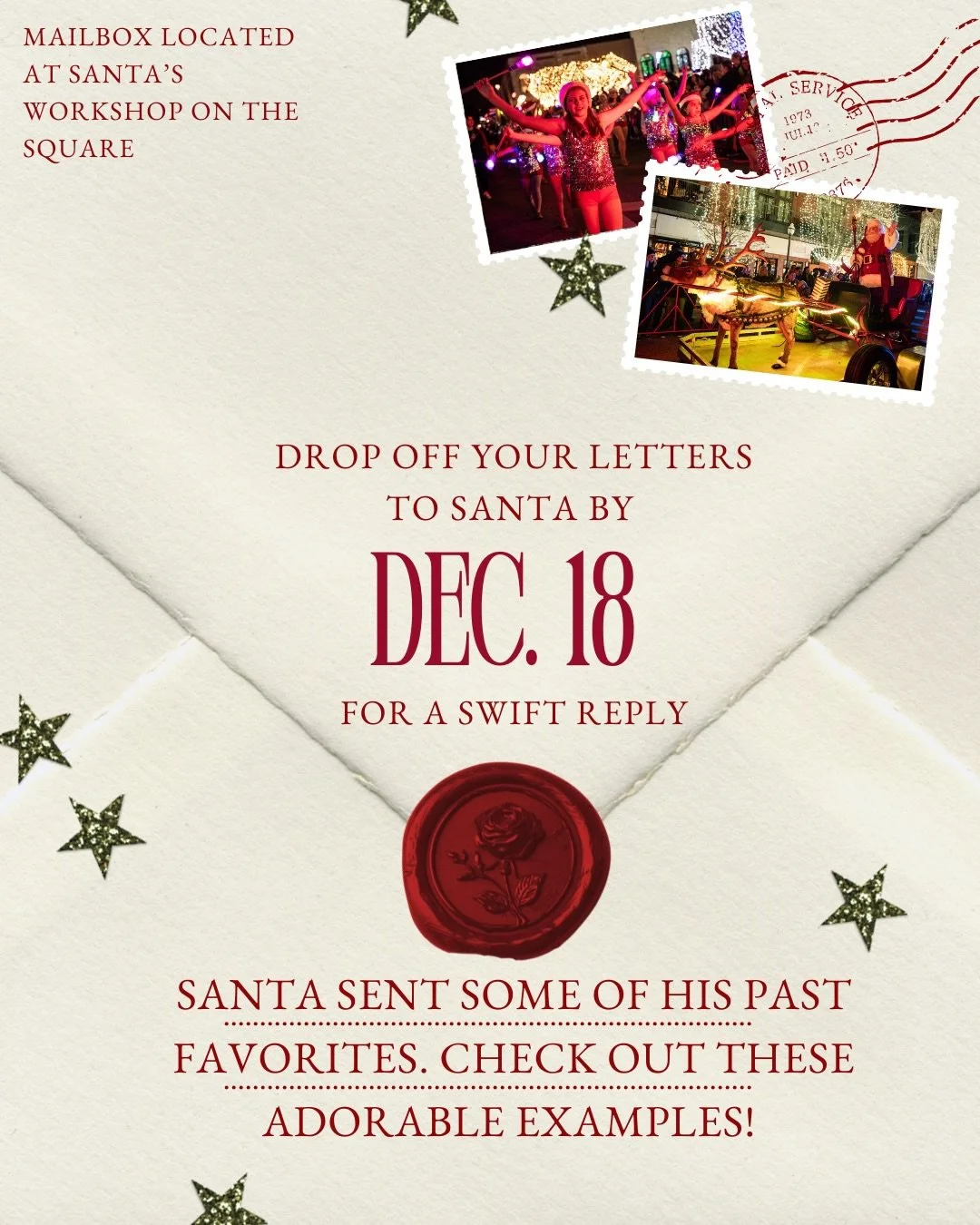 He&rsquo;s making a list and he&rsquo;s checking it twice! Has your little one dropped off their letter to Santa yet? Deliver it by December 18 to receive a reply before the holidays! 

Letters can be delivered to Santa&rsquo;s Workshop on East Ave. 