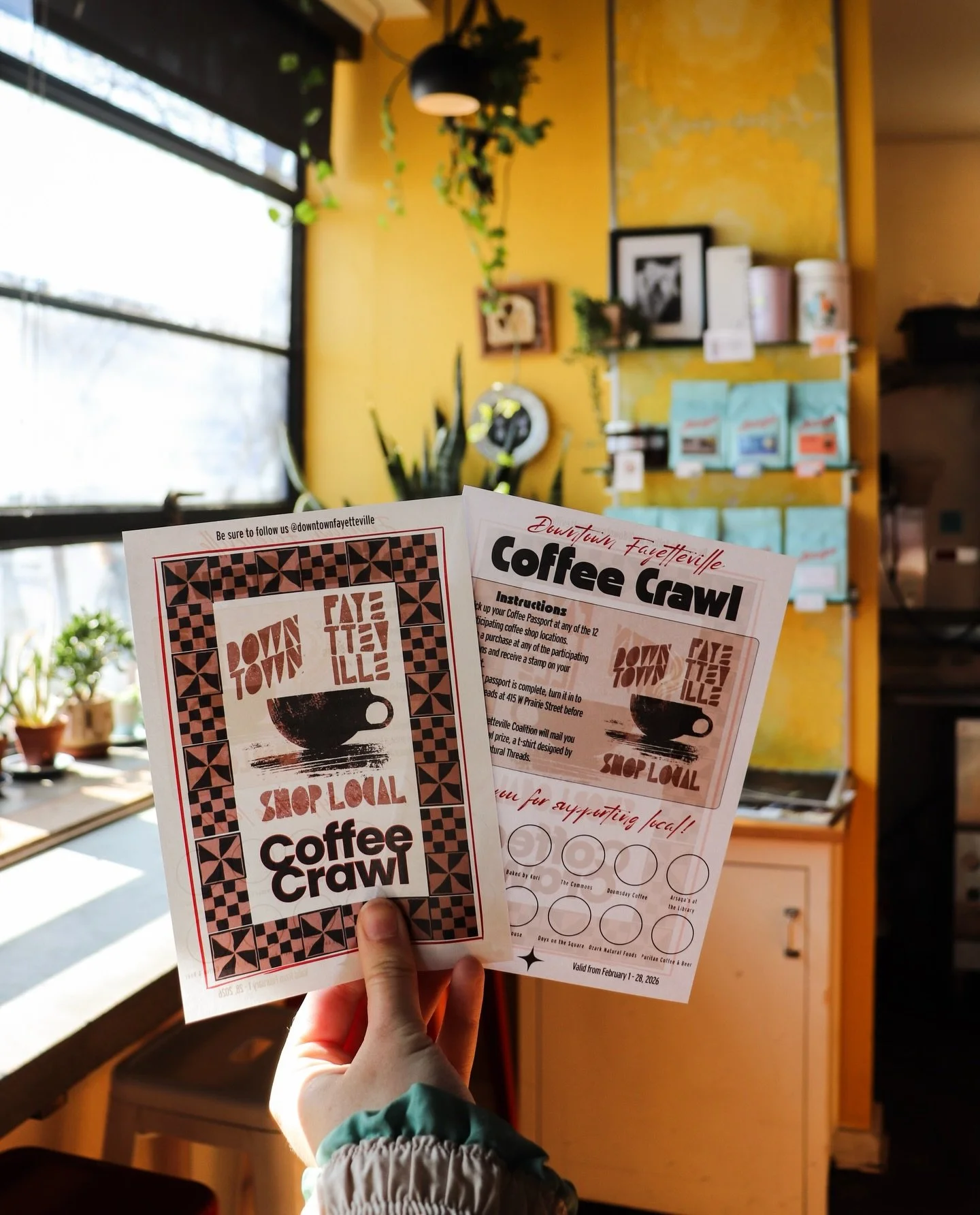 Coffee Crawl Passports are officially out in the world! All 12 participating downtown coffee shops now have passports available, so stop by this week and start your Coffee Crawl though Downtown Fayetteville☕️🌇

Make a purchase at each shop to receiv