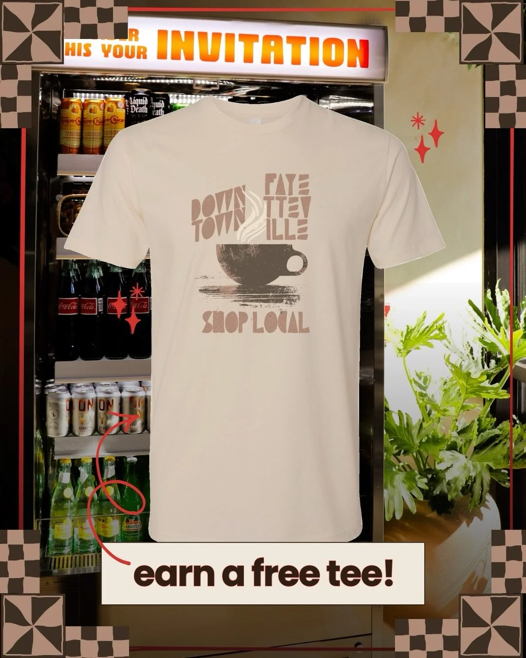 A closer look at the t-shirt you can earn for completing the Downtown Fayetteville Coffee Crawl! Visit all 12 participating downtown coffee shops, complete your Coffee Passport during the month of February, and this &lsquo;Shop Local&rsquo; tee could