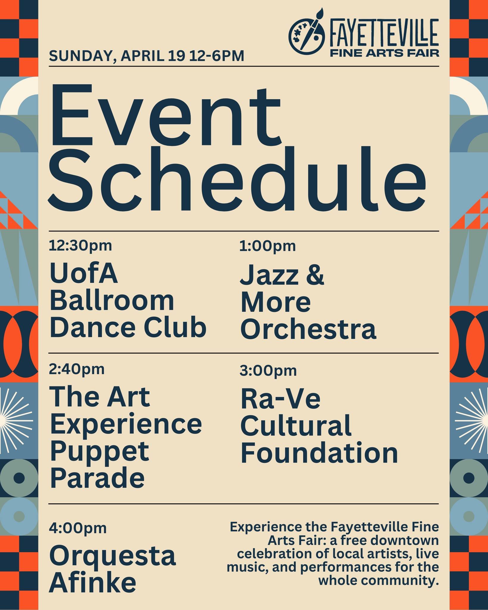 Bringing live music and dance performance to the first-ever Fayetteville Fine Arts Festival on Sunday, April 19 is:

@uofaballroom | 12:30&ndash;12:45 PM

@nwajazzandmore | 1:00&ndash;2:30 PM

The Art Experience Puppet Parade | 2:40&ndash;3:00 PM

@r