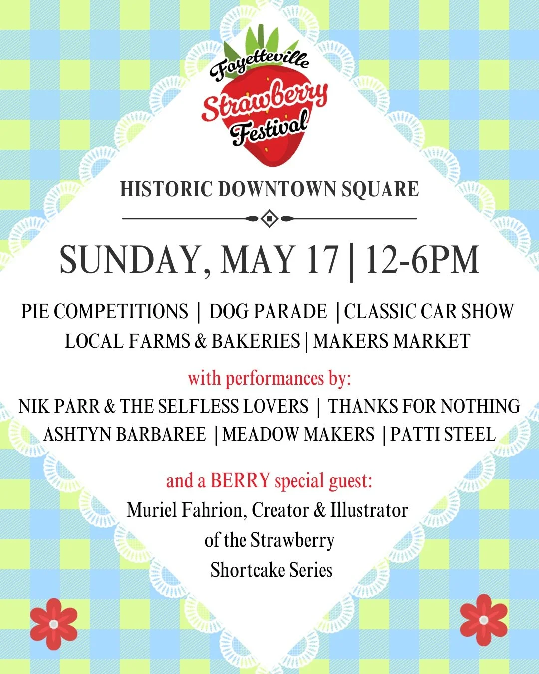 🍓 Announcing: The 3rd Annual Fayetteville Strawberry Festival &amp; Street Dance 🍓

The Fayetteville Strawberry Festival is back to kick off summer on Sunday, May 17, from 12pm to 6pm in the historic downtown square.

This free, family-friendly eve