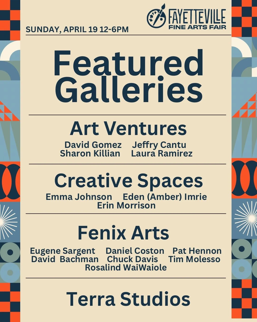 We&rsquo;re excited to introduce the regional artists joining us for the first-ever Fayetteville Fine Arts Fair!

On Sunday, April 19 from 12-6pm, the Upper Ramble (just off Dickson Street) will transform into an open-air gallery featuring 20+ galler