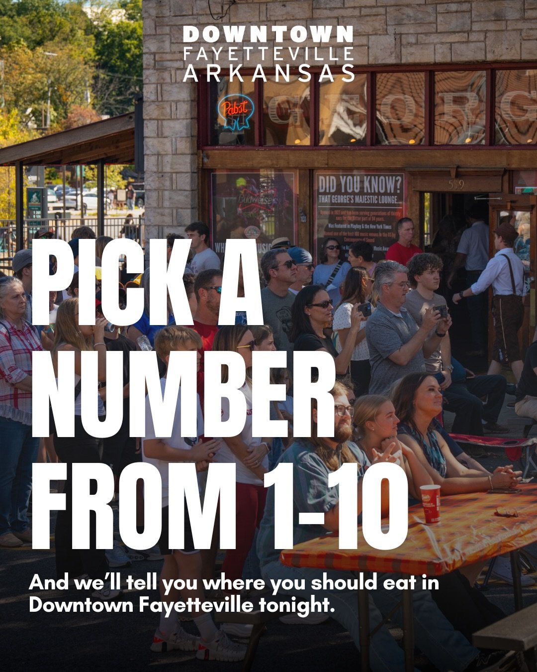 We all get decision fatigue so let us take this off your plate! Pick a number between 1 through 10 and we&rsquo;ll pick your next dinner destination in Downtown Fayetteville.