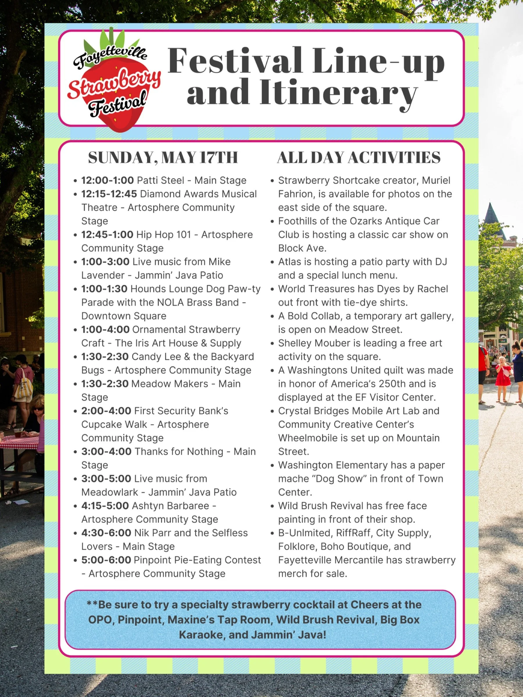 🍓THIS SUNDAY: Know Before You Go 🍓

Join us this Sunday, May 17th, from 12&ndash;6pm in downtown Fayetteville for a day full of strawberry fun. Here&rsquo;s what you should know before heading out:

🚗 Parking:
There&rsquo;s no parking on the squar