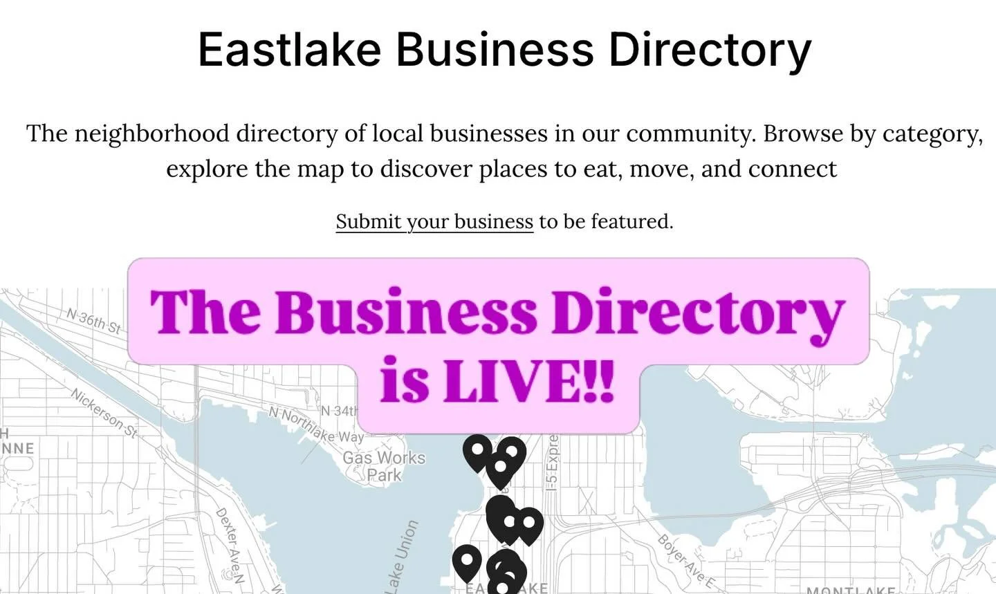 ECC is pleased to announce that our Eastlake Business Directory is now LIVE on our website. Go to eastlakeseattle.org and look for the link to the directory in the main menu navigation.

We created this tool for all businesses in Eastlake &mdash; at 