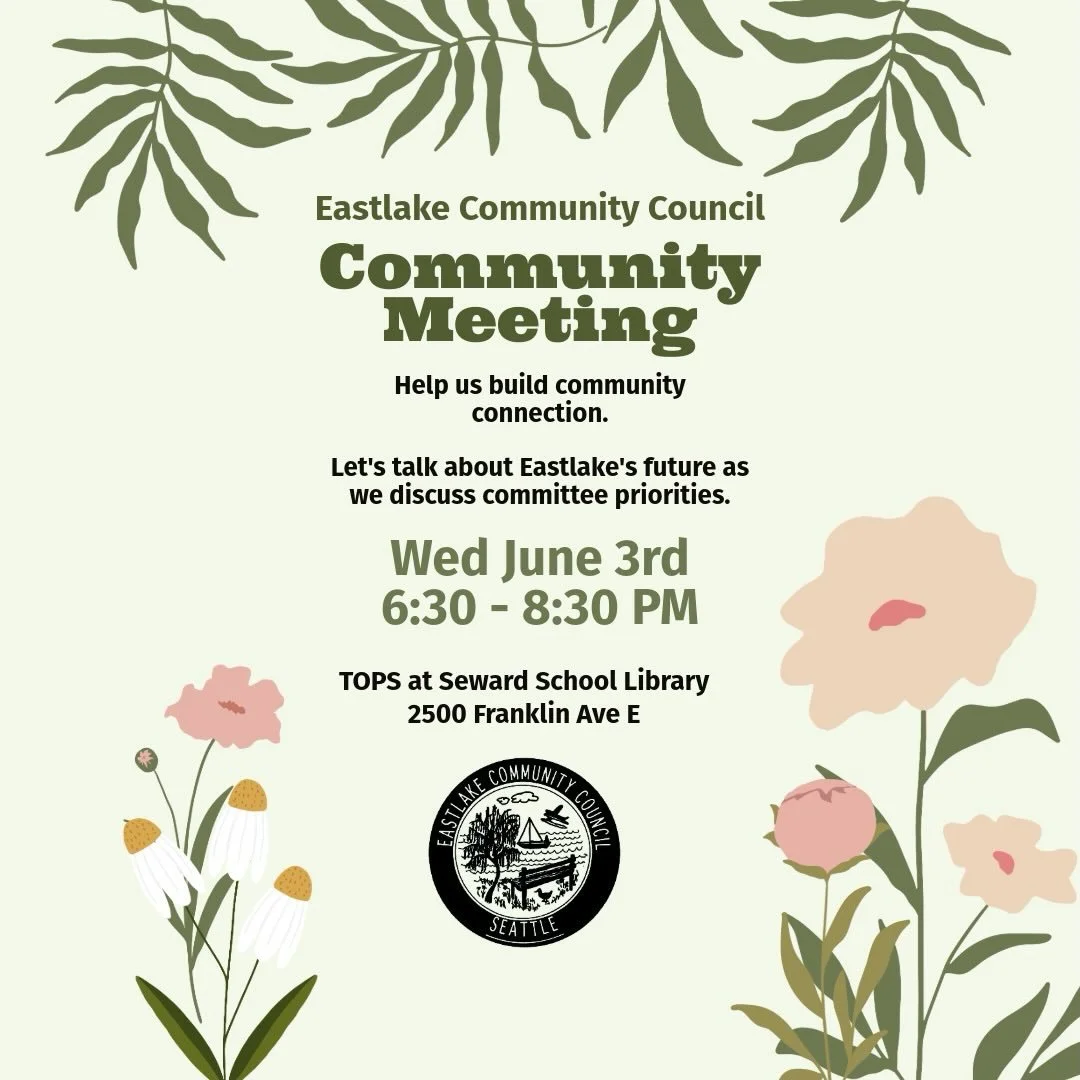 The ECC Board of Directors invites ECC members and Eastlake neighbors to join us for a Community Meeting on Wednesday, June 3, 2026, at 6:30 p.m. in the TOPS library. This is an opportunity for us to hear from you and potentially break into discussio