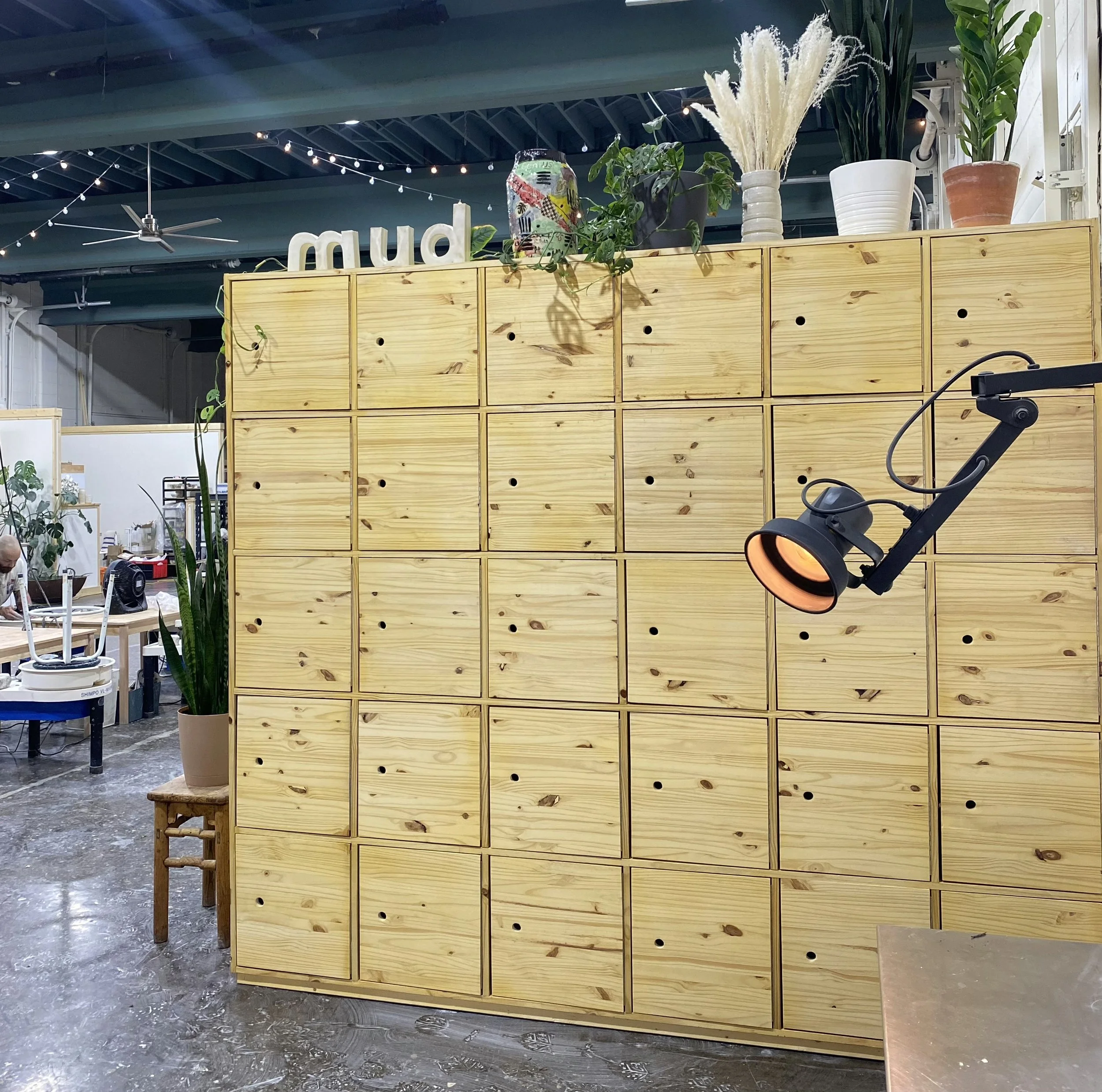 A wooden storage unit with multiple small compartments, decorated with potted plants, a decorative jar, and a wall sign that spells 'mud'. A black adjustable wall lamp is mounted on the right side of the unit, and the background shows a retail or warehouse setting with various furniture and decor items.