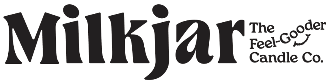 Logo of Milkjar, The Feel-Gooder Candle Company, in black text with stylized font.