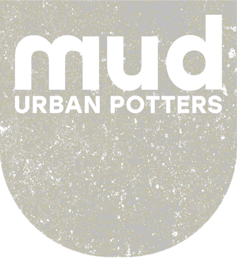 Mud urban potters logo with white text on a textured mud-colored background.